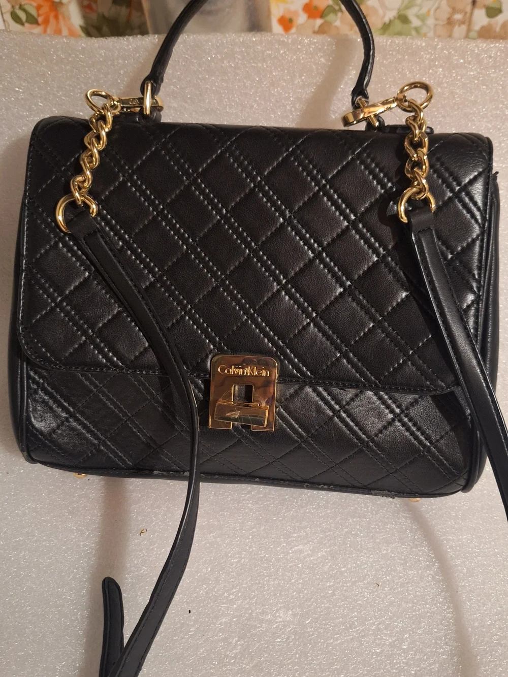 Black Quilted Satchel Handbag with Gold Hardware